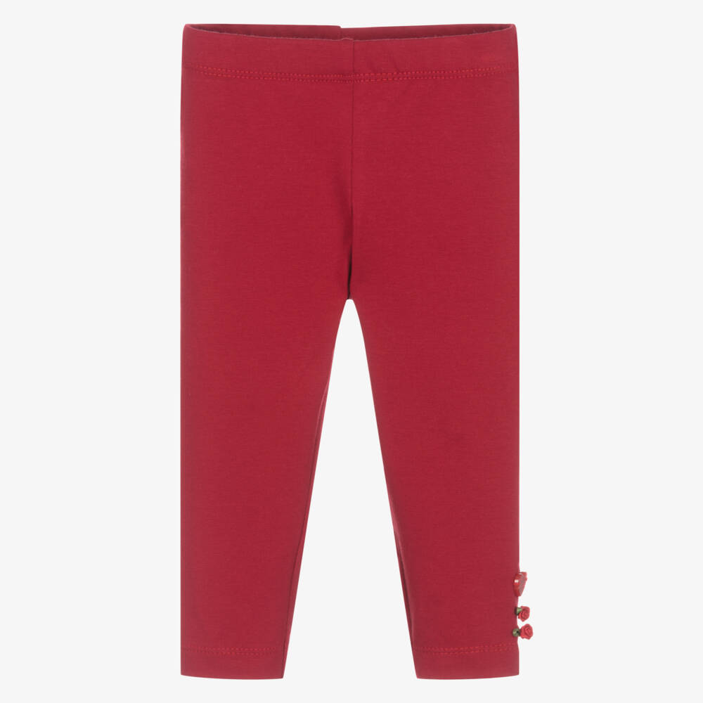 Monnalisa-Girls Red Cotton Jersey Leggings with AppliquÃ© Roses | Childrensalon Outlet