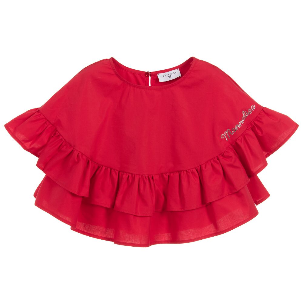 Monnalisa - Girls Red Cotton Ruffle Top | Childrensalon