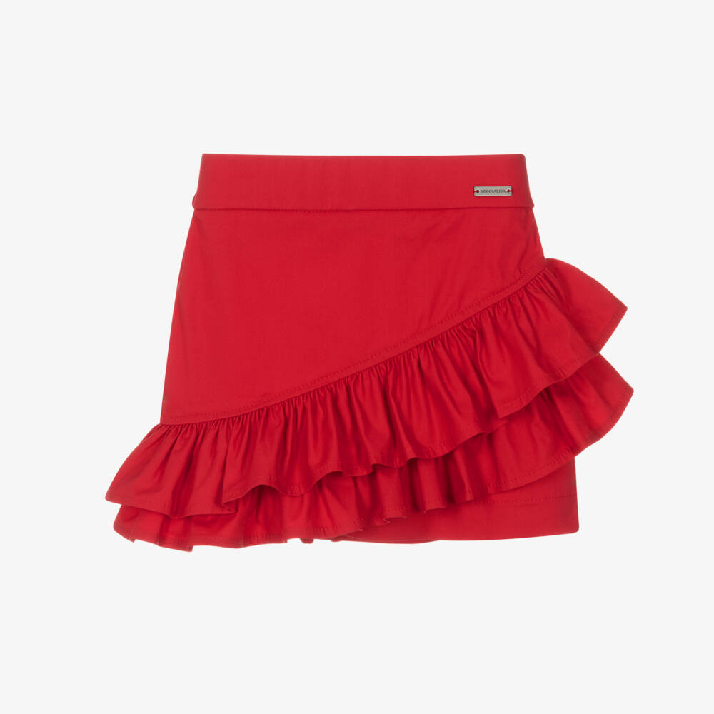 Monnalisa-Girls Red Cotton Twill Skirt with Ruffles | Childrensalon Outlet