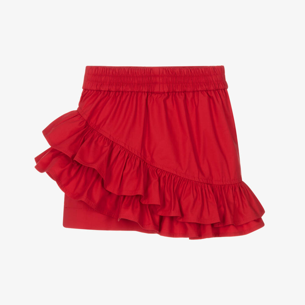 Monnalisa-Girls Red Cotton Twill Skirt with Ruffles | Childrensalon Outlet