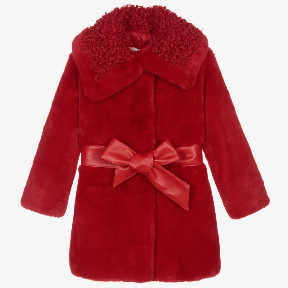 Monnalisa - Girls Red Faux Fur Coat | Childrensalon