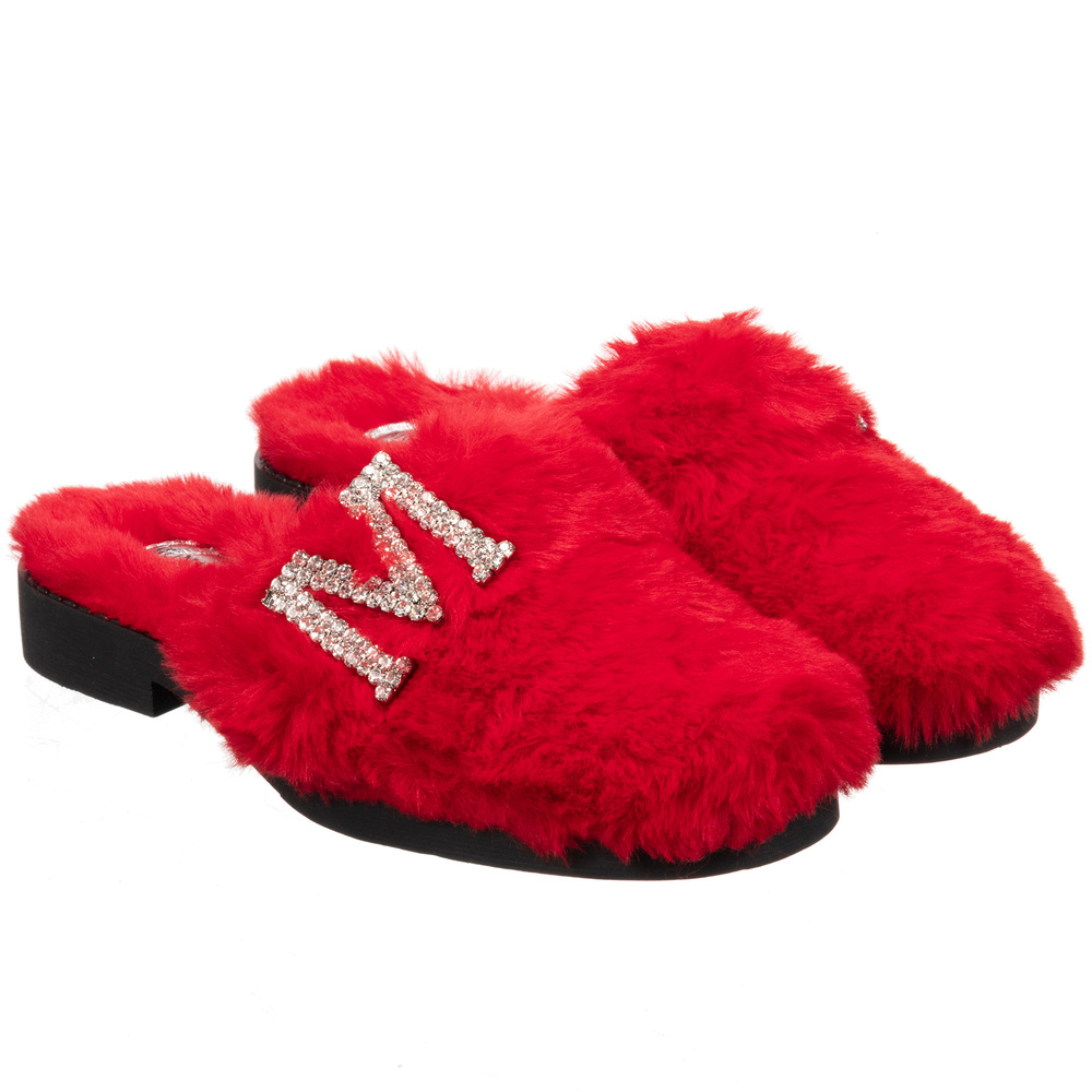 Monnalisa - Girls Red Faux Fur Mules | Childrensalon