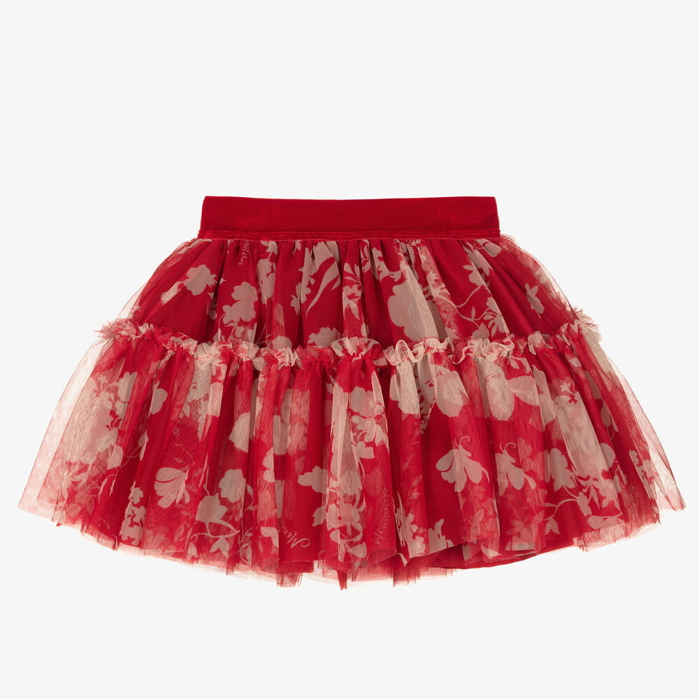 Monnalisa - Girls Red Floral Tulle Skirt | Childrensalon