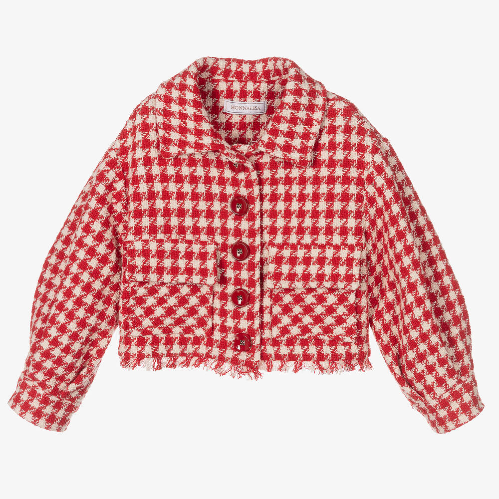 Monnalisa-Girls Red Houndstooth Tweed Jacket | Childrensalon Outlet
