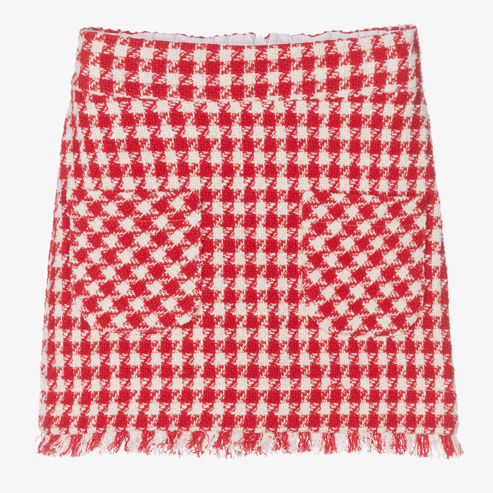 Monnalisa - Girls Red Houndstooth Tweed Skirt | Childrensalon