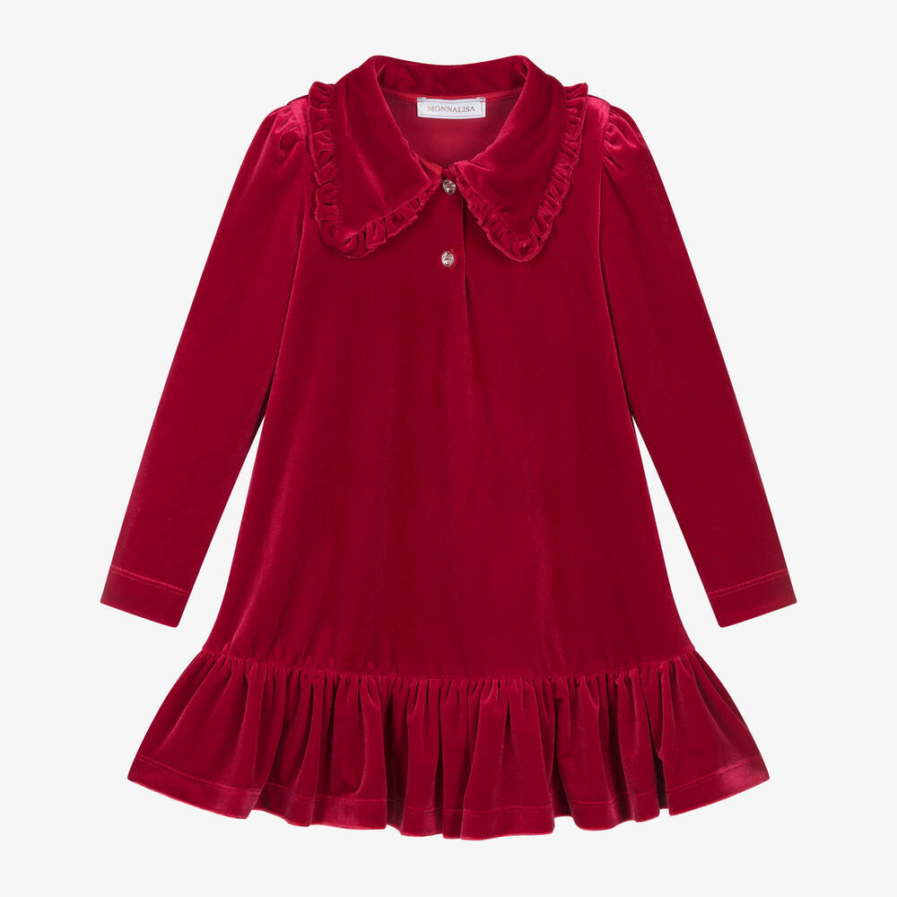 Monnalisa - Rotes Schmuckstein-Velourskleid | Childrensalon