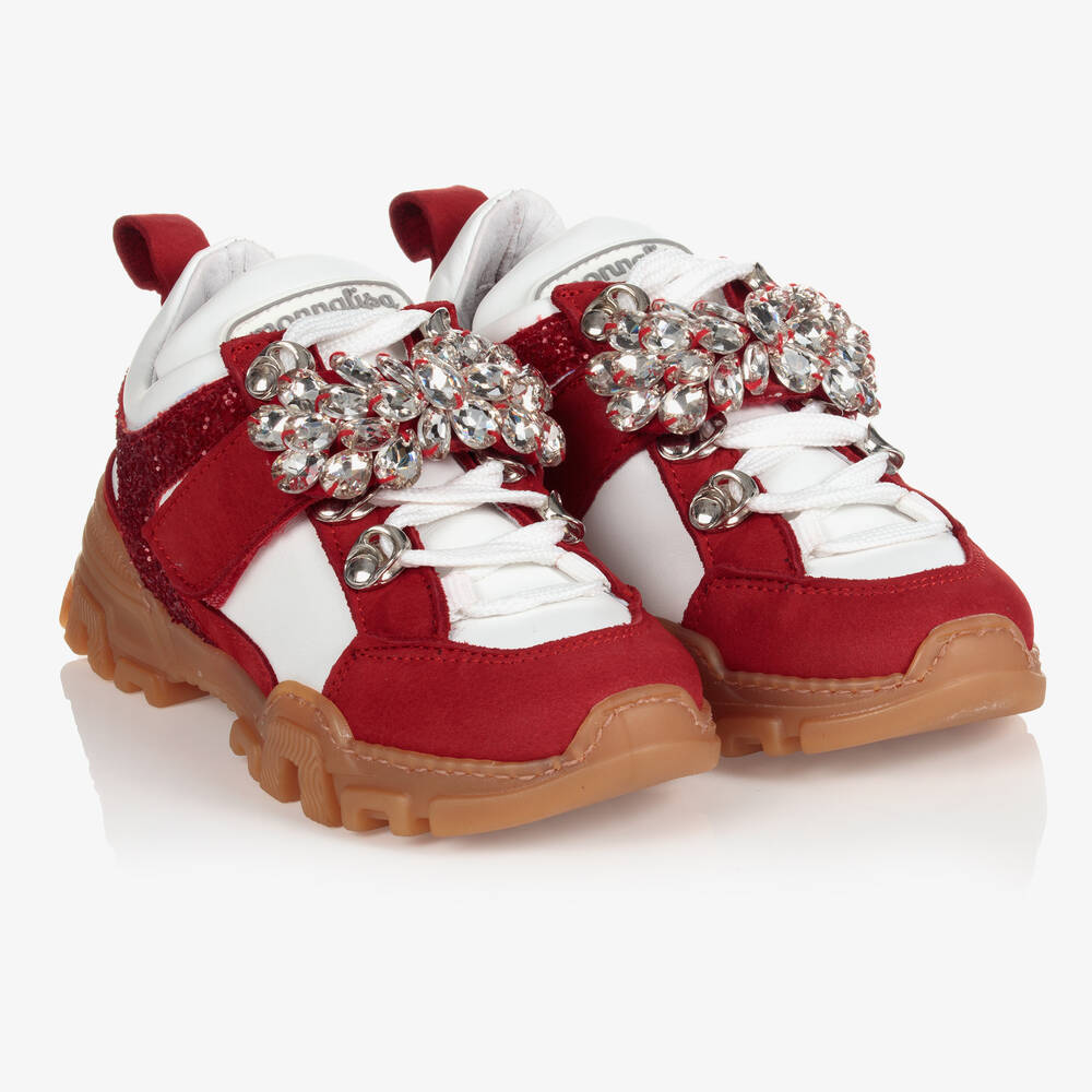 Monnalisa - Girls Red Leather Trainers | Childrensalon