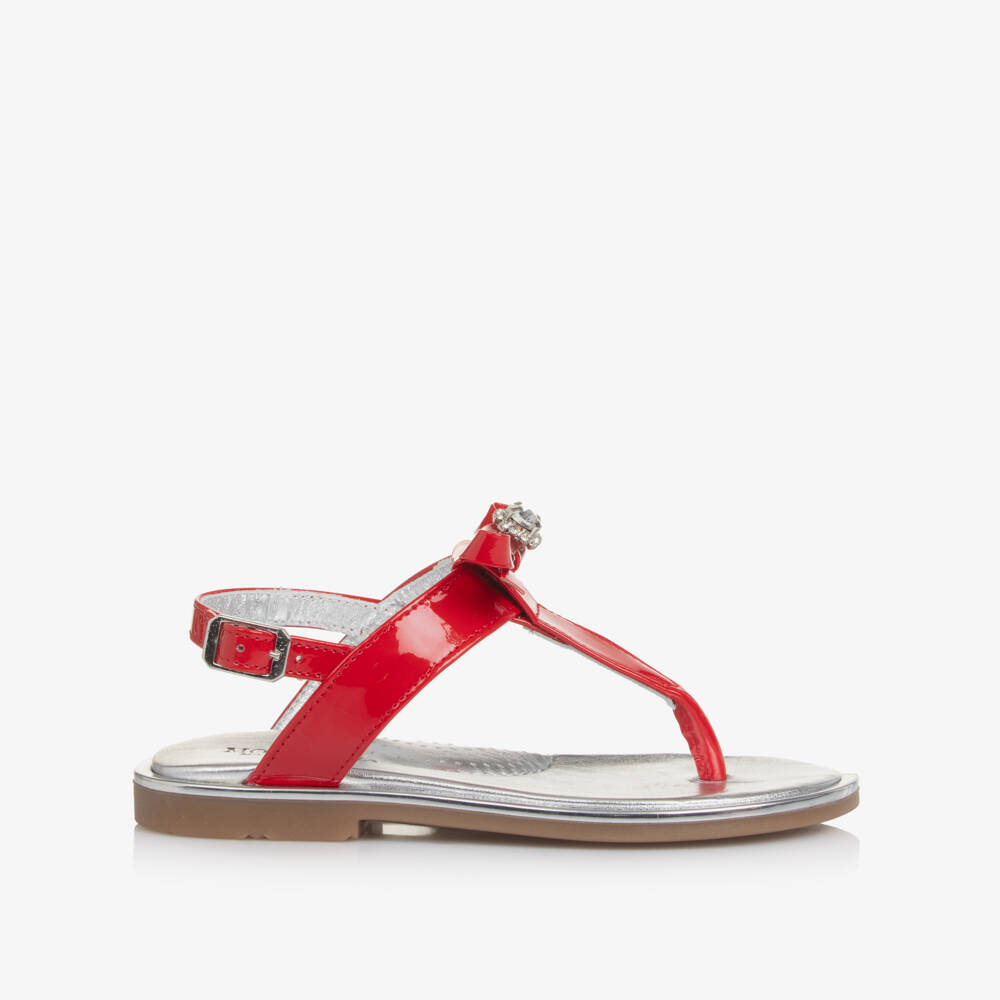 Monnalisa-Girls Red Patent Leather Sandals with Bow & Rhinestone | Childrensalon Outlet