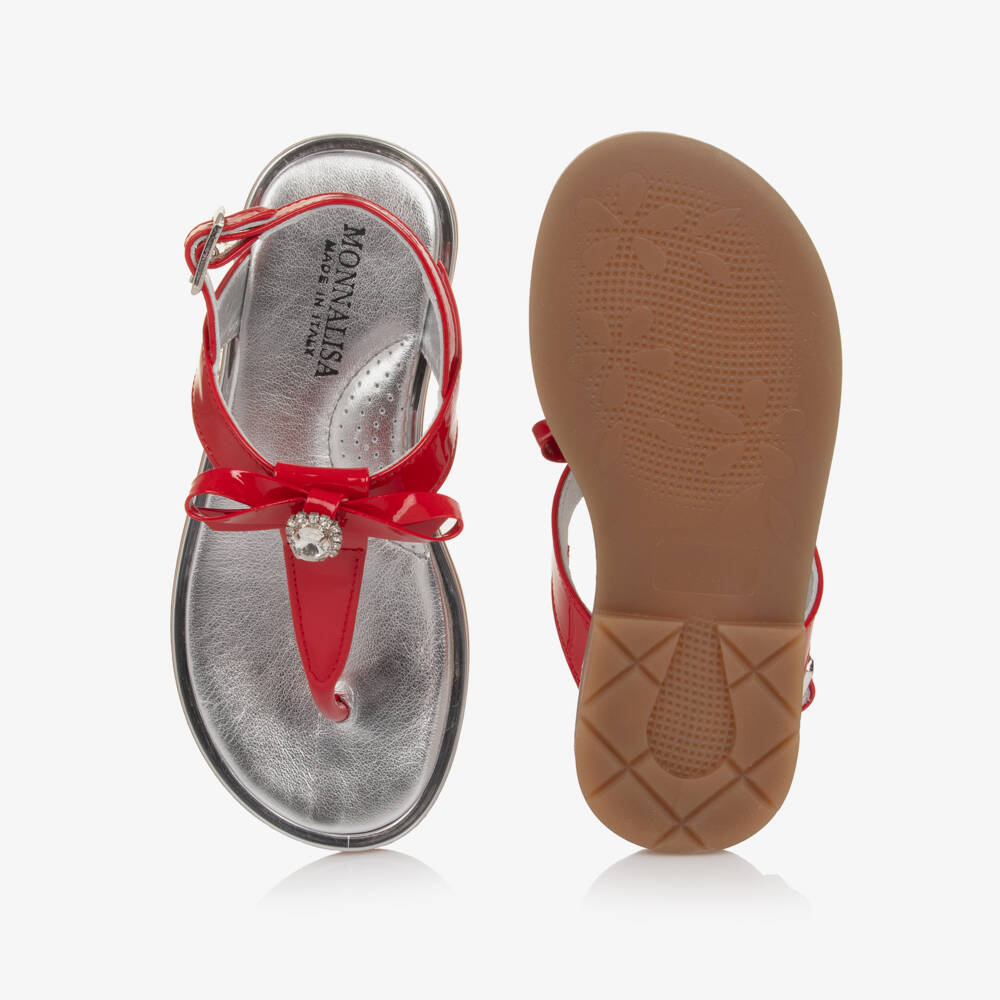 Monnalisa-Girls Red Patent Leather Sandals with Bow & Rhinestone | Childrensalon Outlet