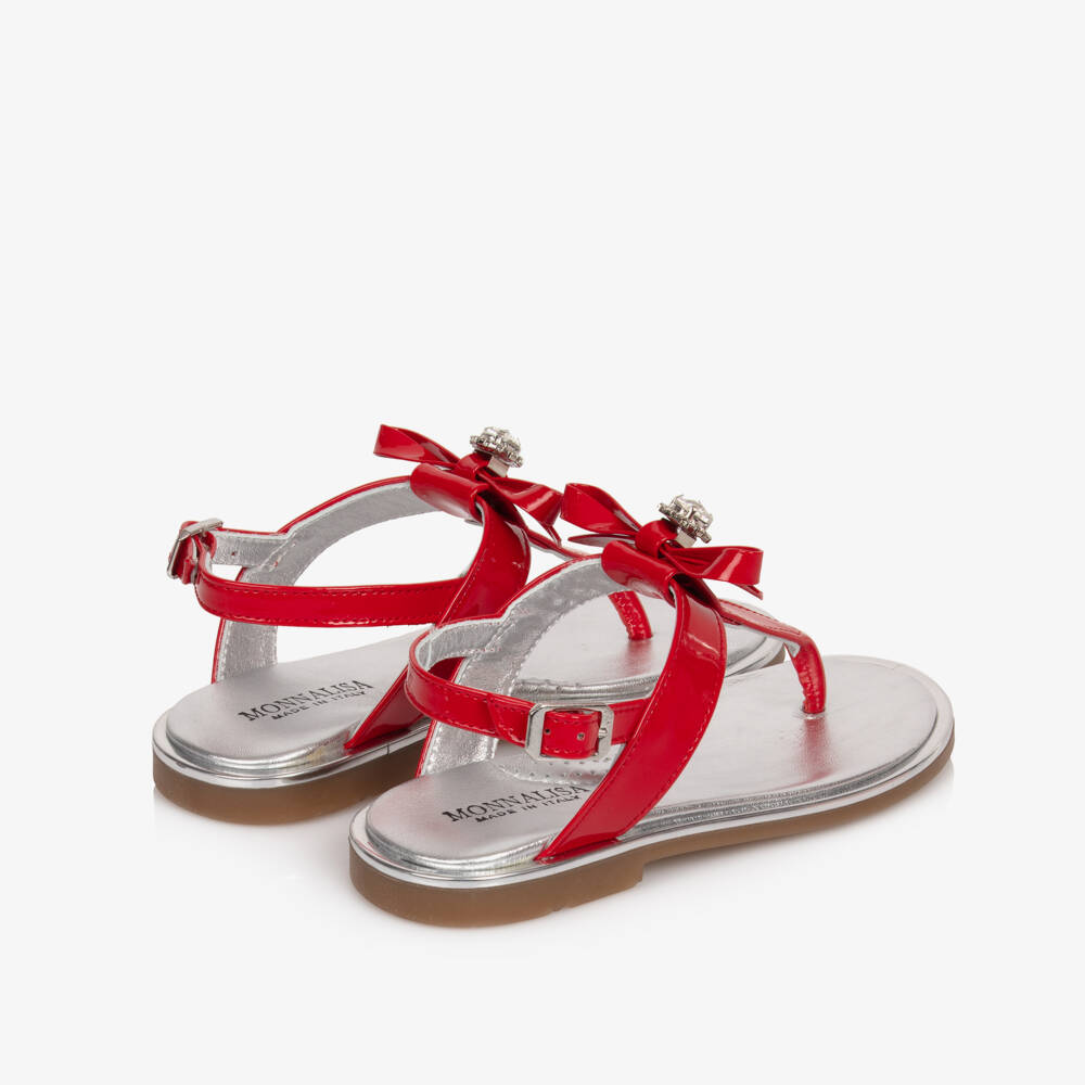 Monnalisa-Girls Red Patent Leather Sandals with Bow & Rhinestone | Childrensalon Outlet