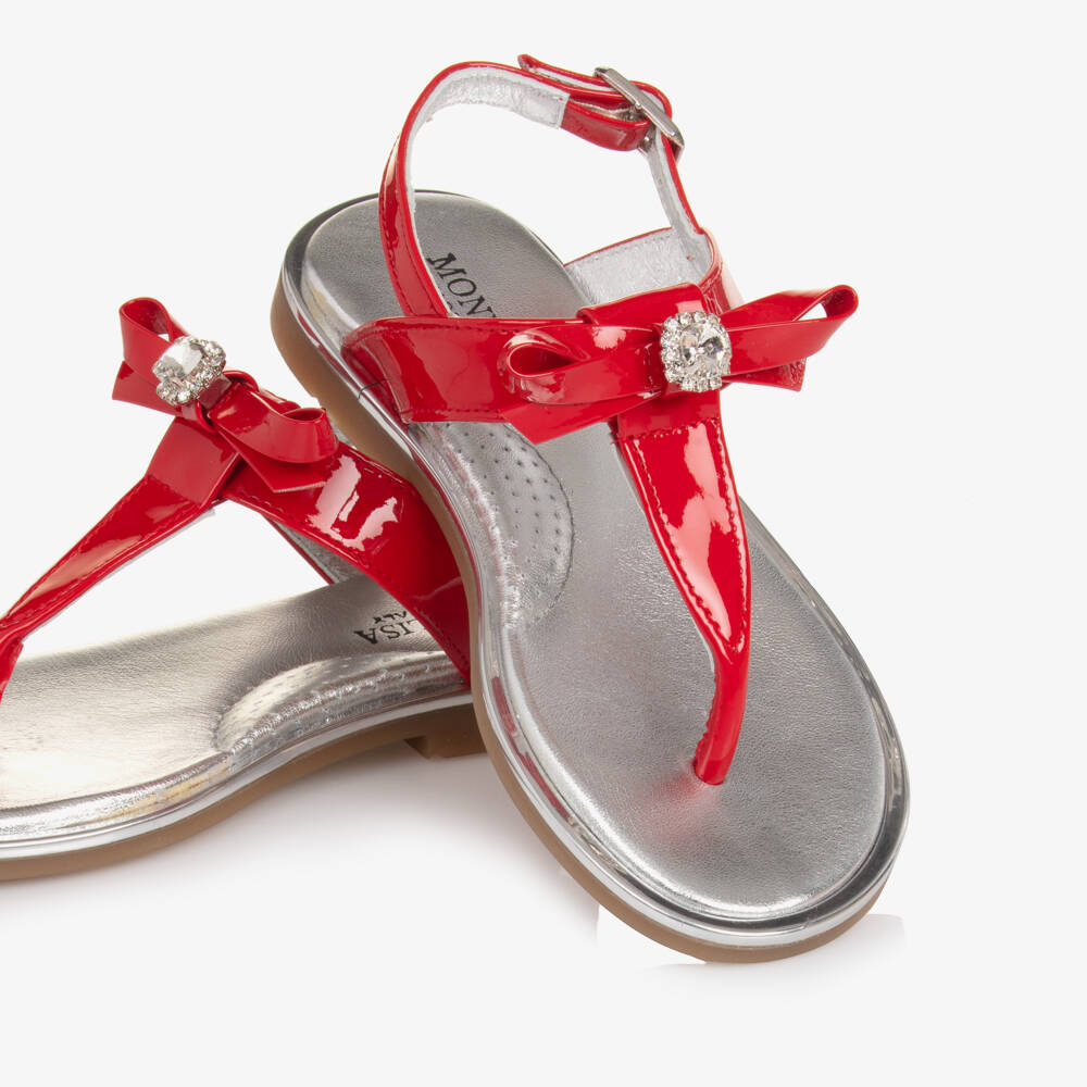 Monnalisa-Girls Red Patent Leather Sandals with Bow & Rhinestone | Childrensalon Outlet