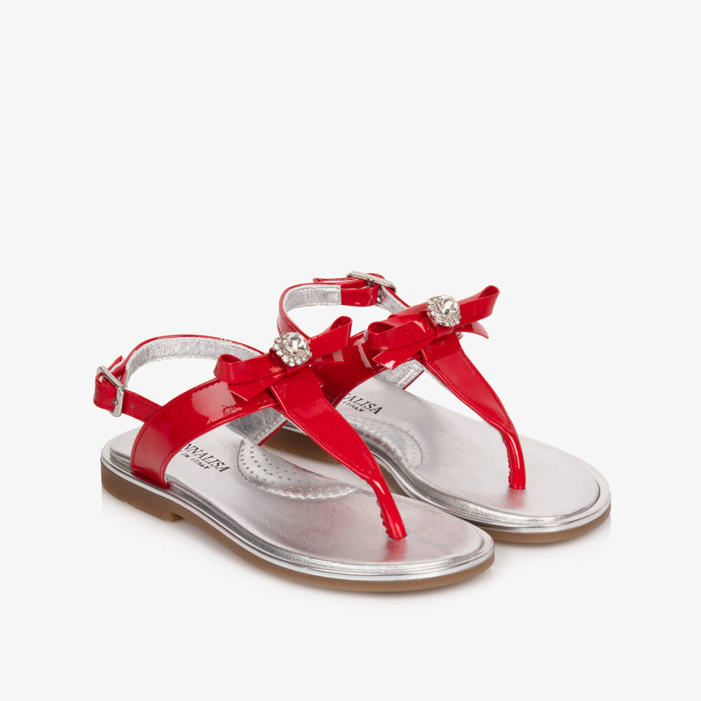 Monnalisa-Girls Red Patent Leather Sandals with Bow & Rhinestone | Childrensalon Outlet