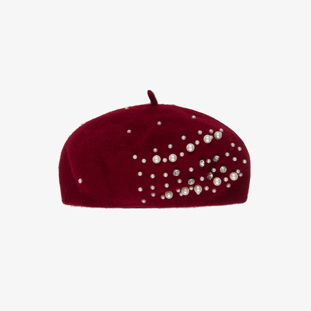 Monnalisa-Girls Red Pearl & Diamanté Beret | Childrensalon Outlet