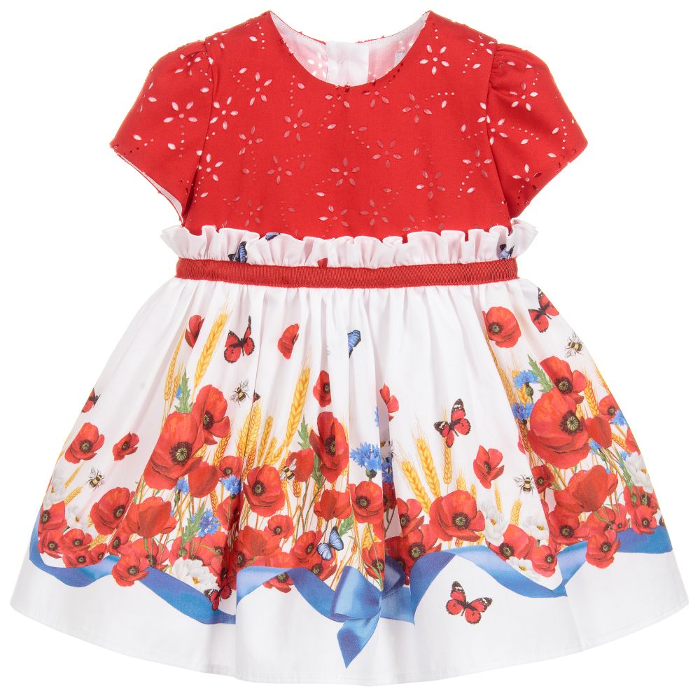 Monnalisa Bebé - Girls Red Poppy Cotton Dress | Childrensalon