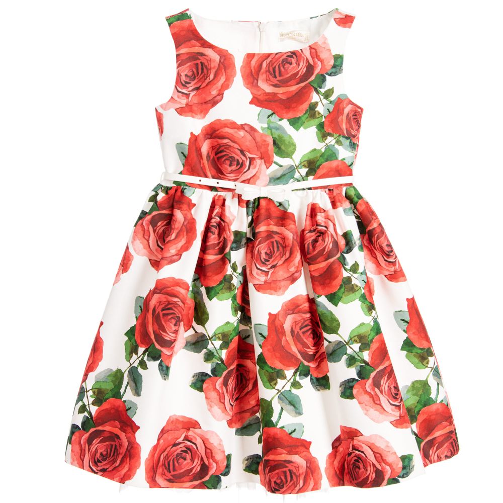 Monnalisa Chic - Girls Red Roses Dress & Belt | Childrensalon