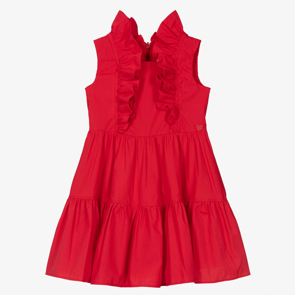 Monnalisa - فستان قطن بوبلين مزين بكشكش لون أحمر | Childrensalon