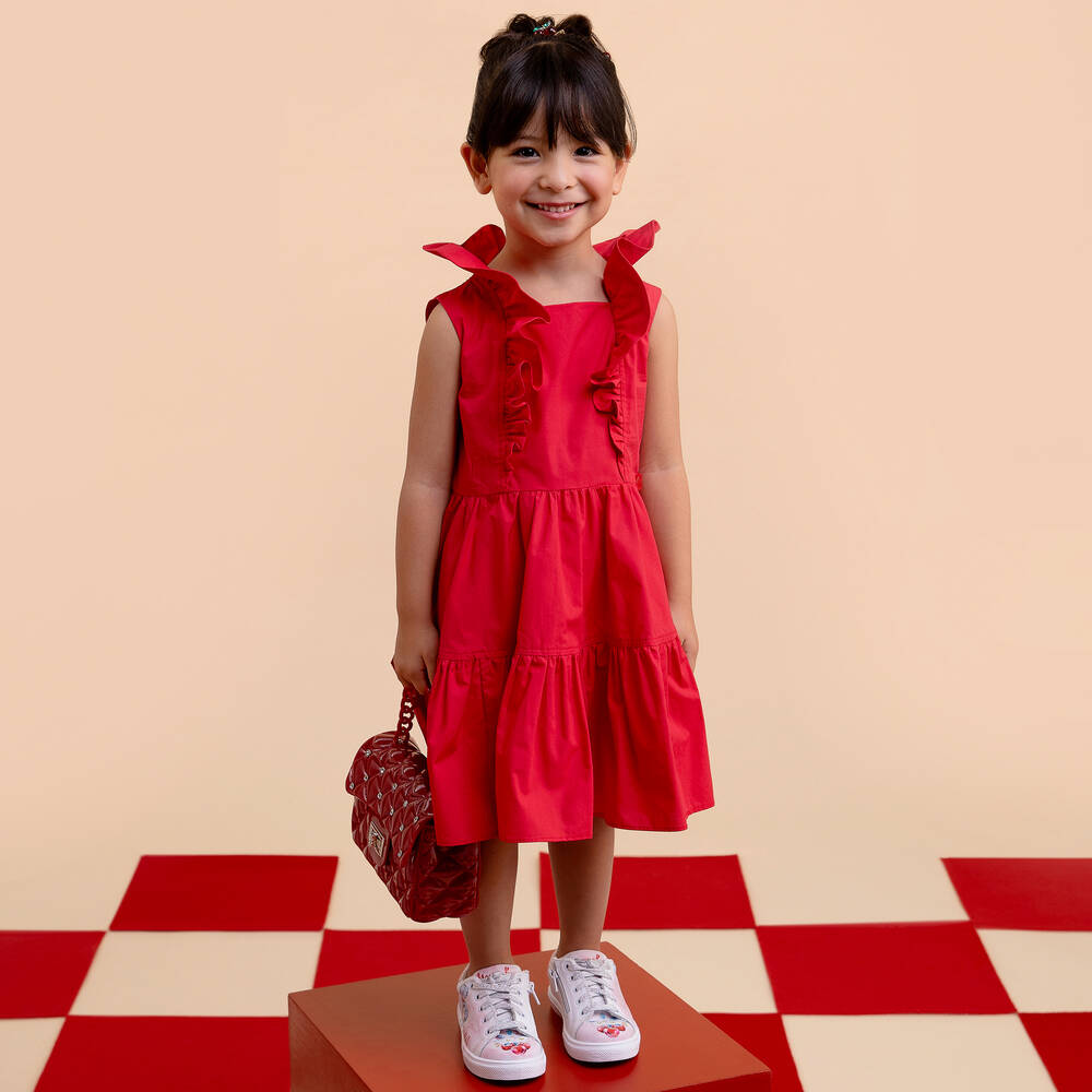 Monnalisa Girls Red Sleeveless Ruffle Cotton Dress