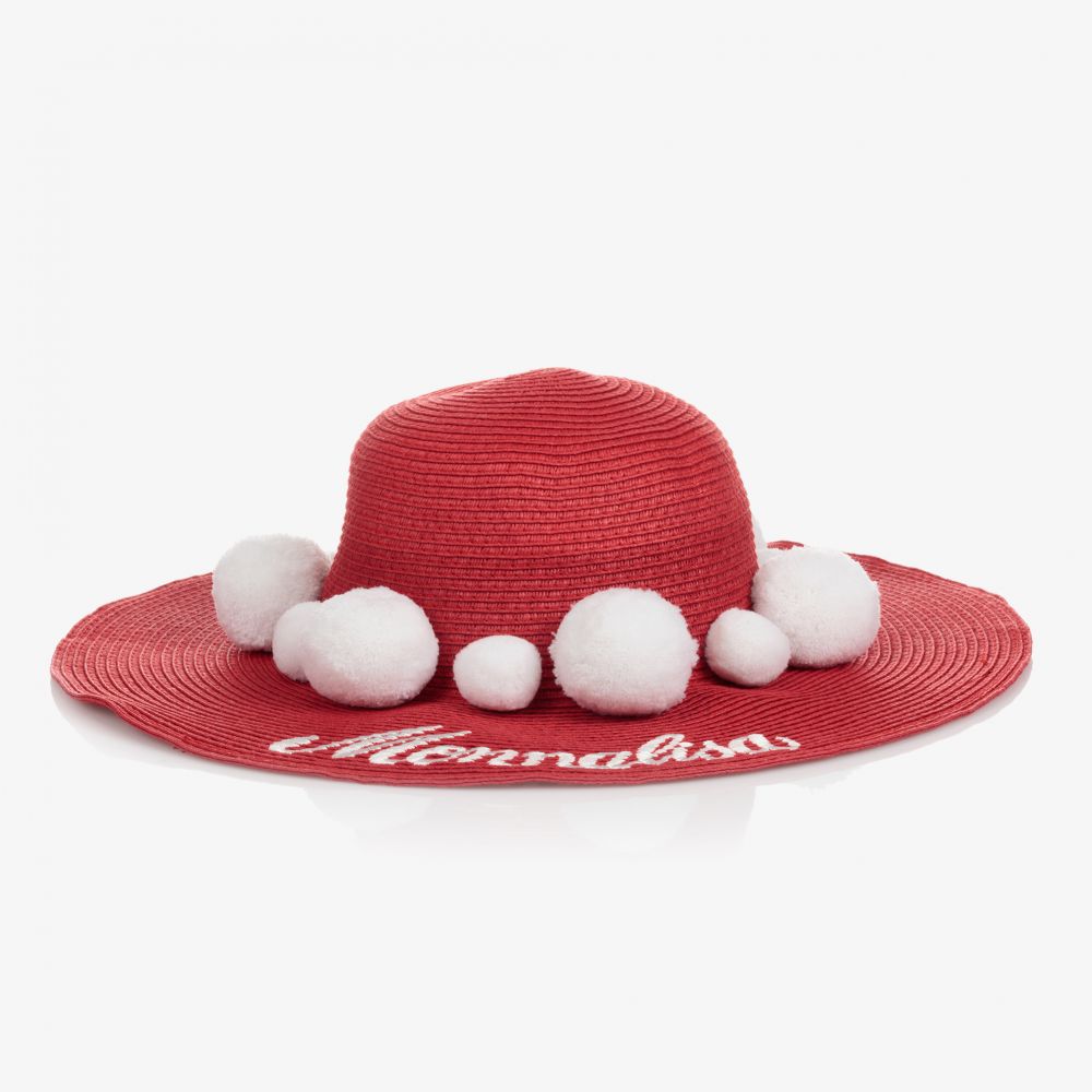 Monnalisa - Girls Red Straw Pom-Pom Hat | Childrensalon