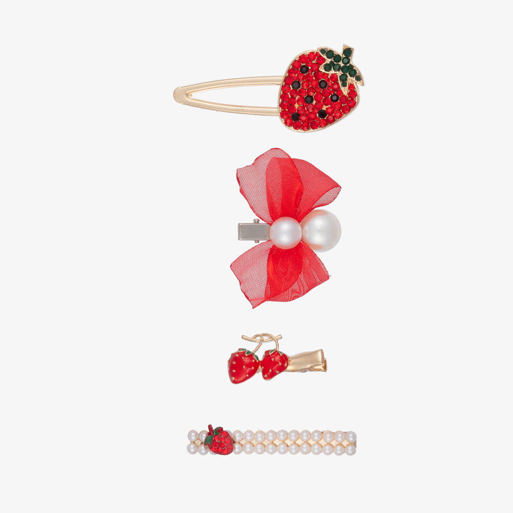 Monnalisa-Girls Red Strawberry Hair Clips (4 Pack) | Childrensalon Outlet