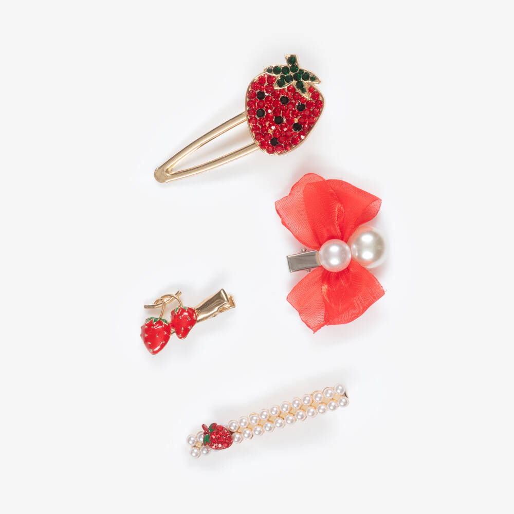 Monnalisa-Girls Red Strawberry Hair Clips (4 Pack) | Childrensalon Outlet