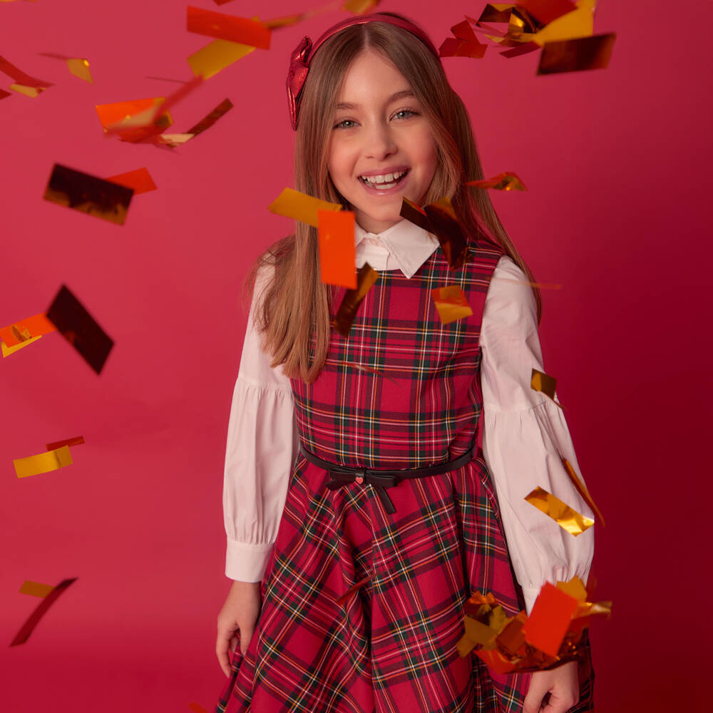 Monnalisa-فستان كلاسيكي بنقشة الترتان الأحمر للبنات | Childrensalon Outlet