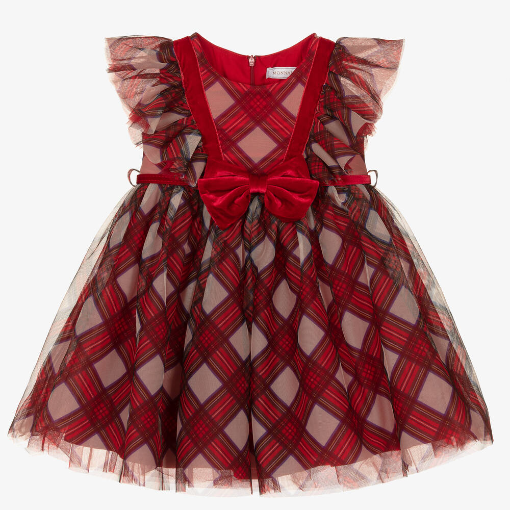 Monnalisa - Girls Red Tartan Tulle Dress  | Childrensalon
