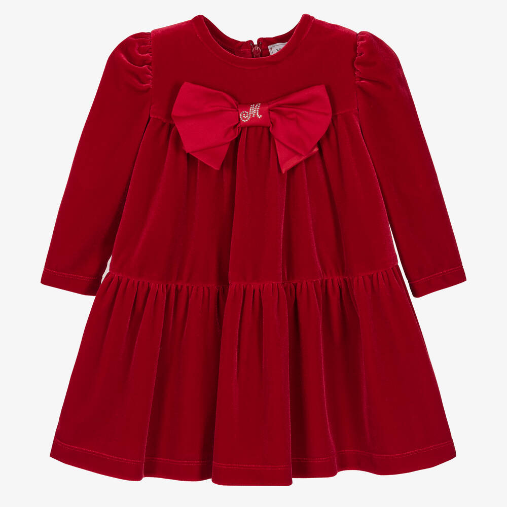 Monnalisa - Girls Red Velour Bow Dress | Childrensalon