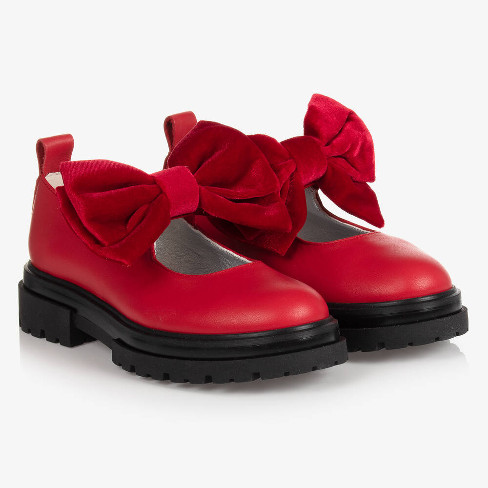 Monnalisa - Красные туфли с бархатными бантиками для девочек | Childrensalon