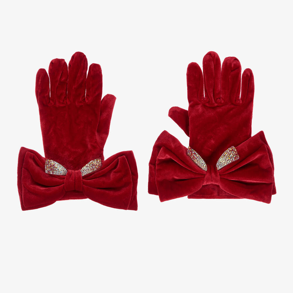 Monnalisa - Girls Red Velvet Gloves | Childrensalon