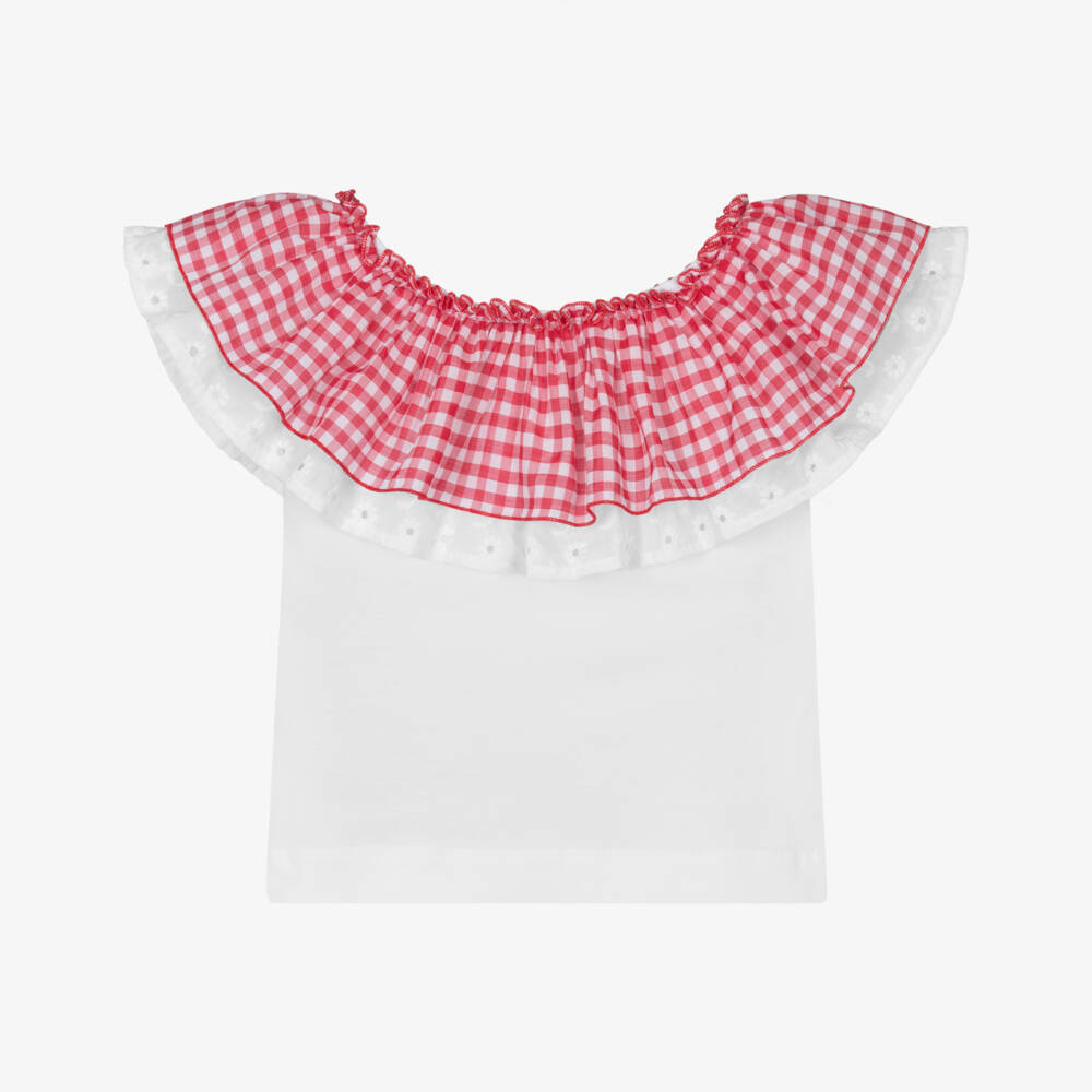 Monnalisa-Girls Red & White Check Ruffle Tee | Childrensalon Outlet