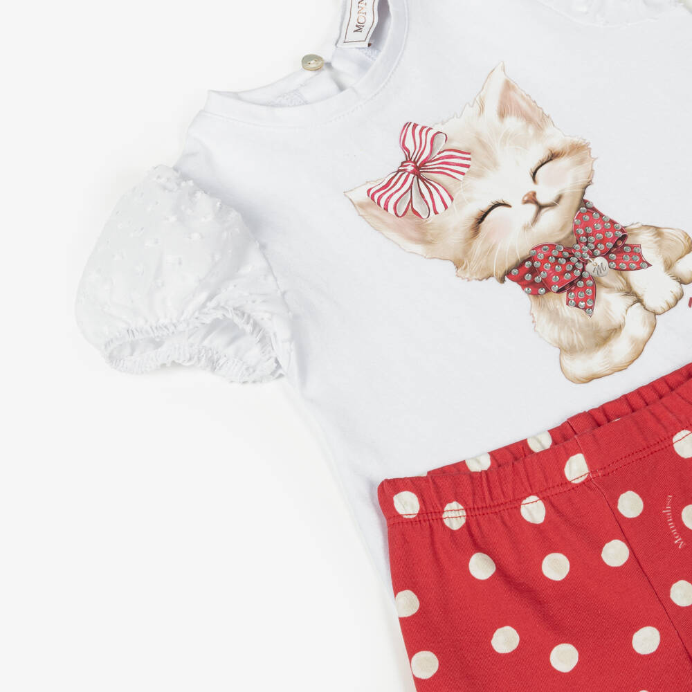 Monnalisa-Комплект леггинсов с котятами красно-белый для девочек | Childrensalon Outlet