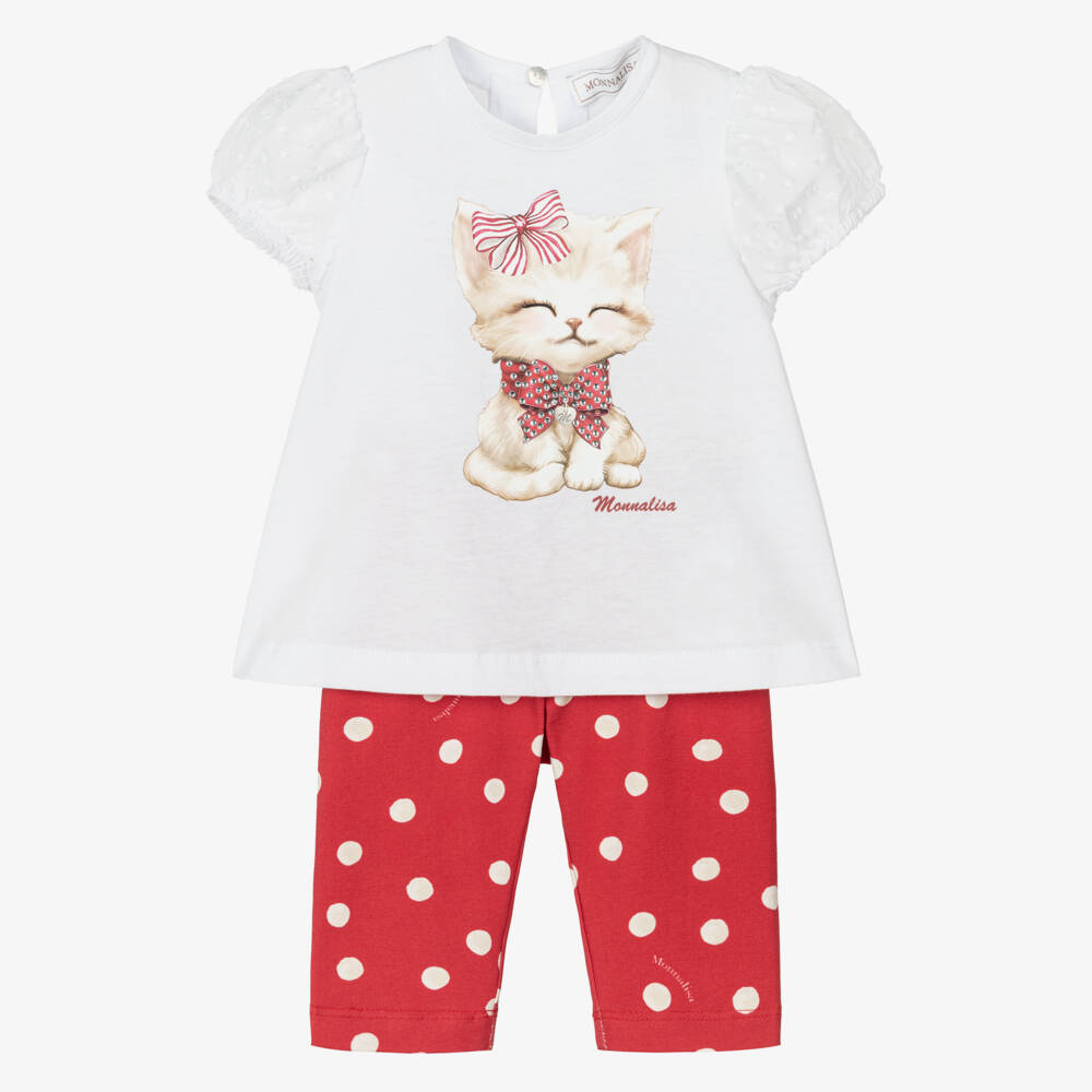 Monnalisa-Комплект леггинсов с котятами красно-белый для девочек | Childrensalon Outlet