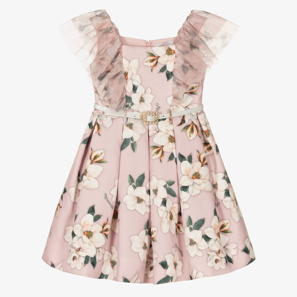 Monnalisa Chic - Розовое атласное платье с цветами | Childrensalon