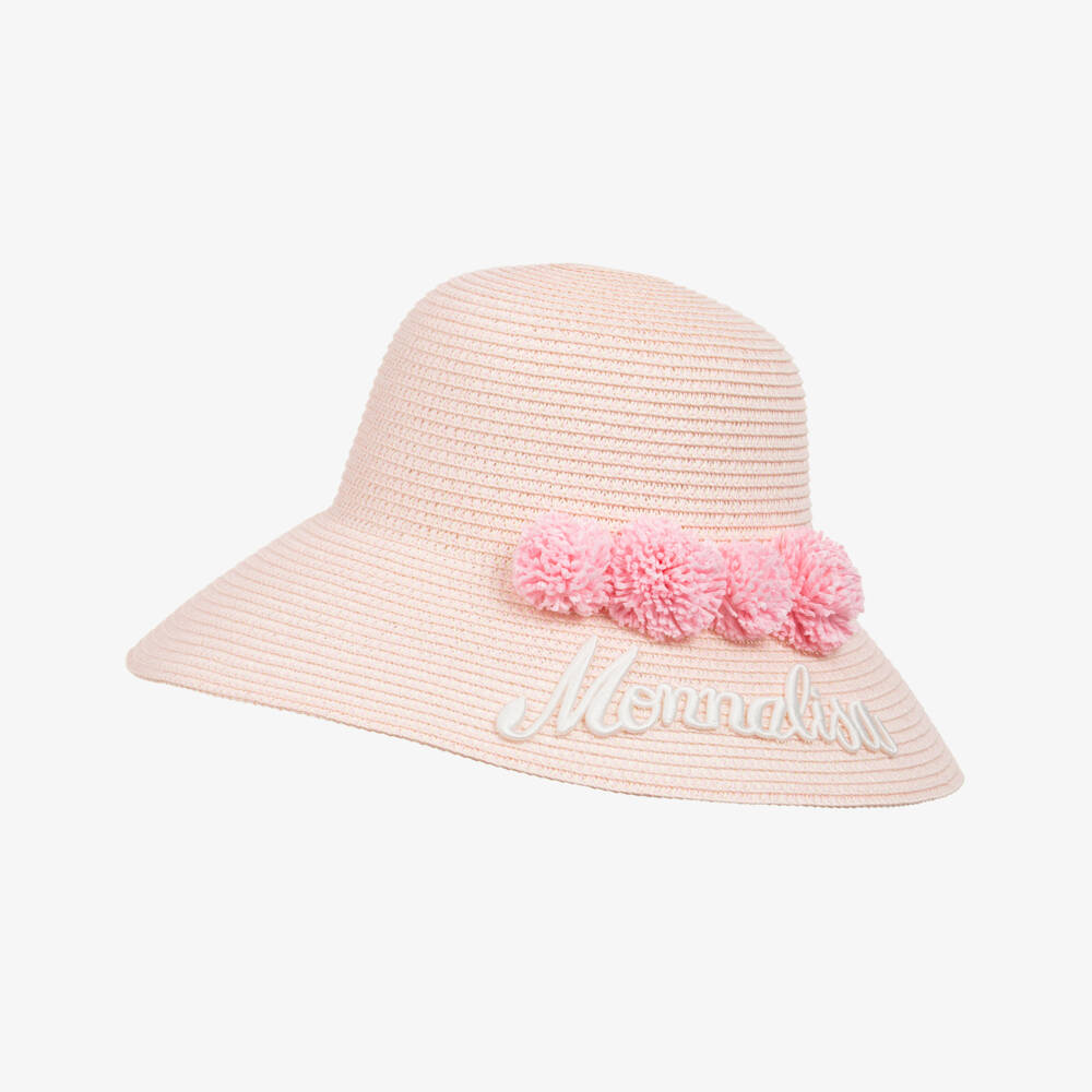 Monnalisa-Girls Rosy Straw Hat with Pom Accents | Childrensalon Outlet