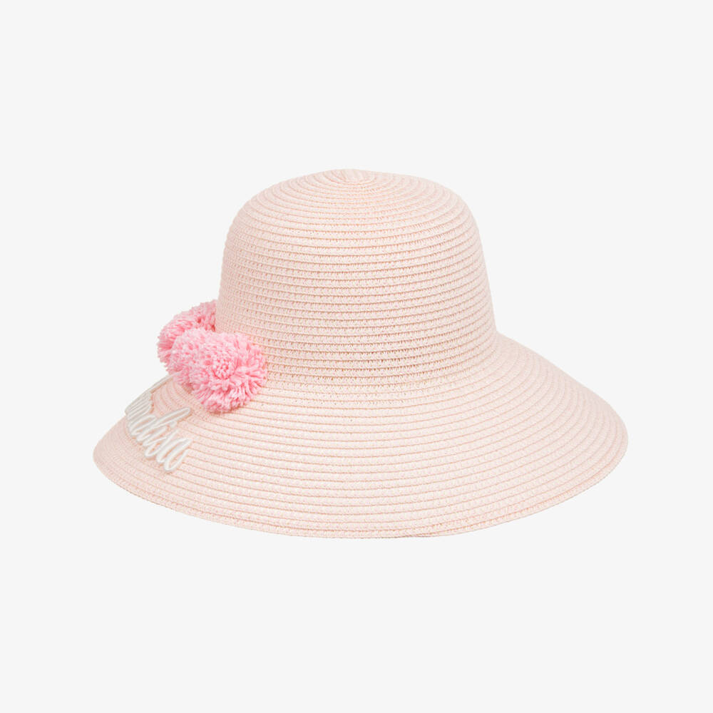 Monnalisa-Girls Rosy Straw Hat with Pom Accents | Childrensalon Outlet