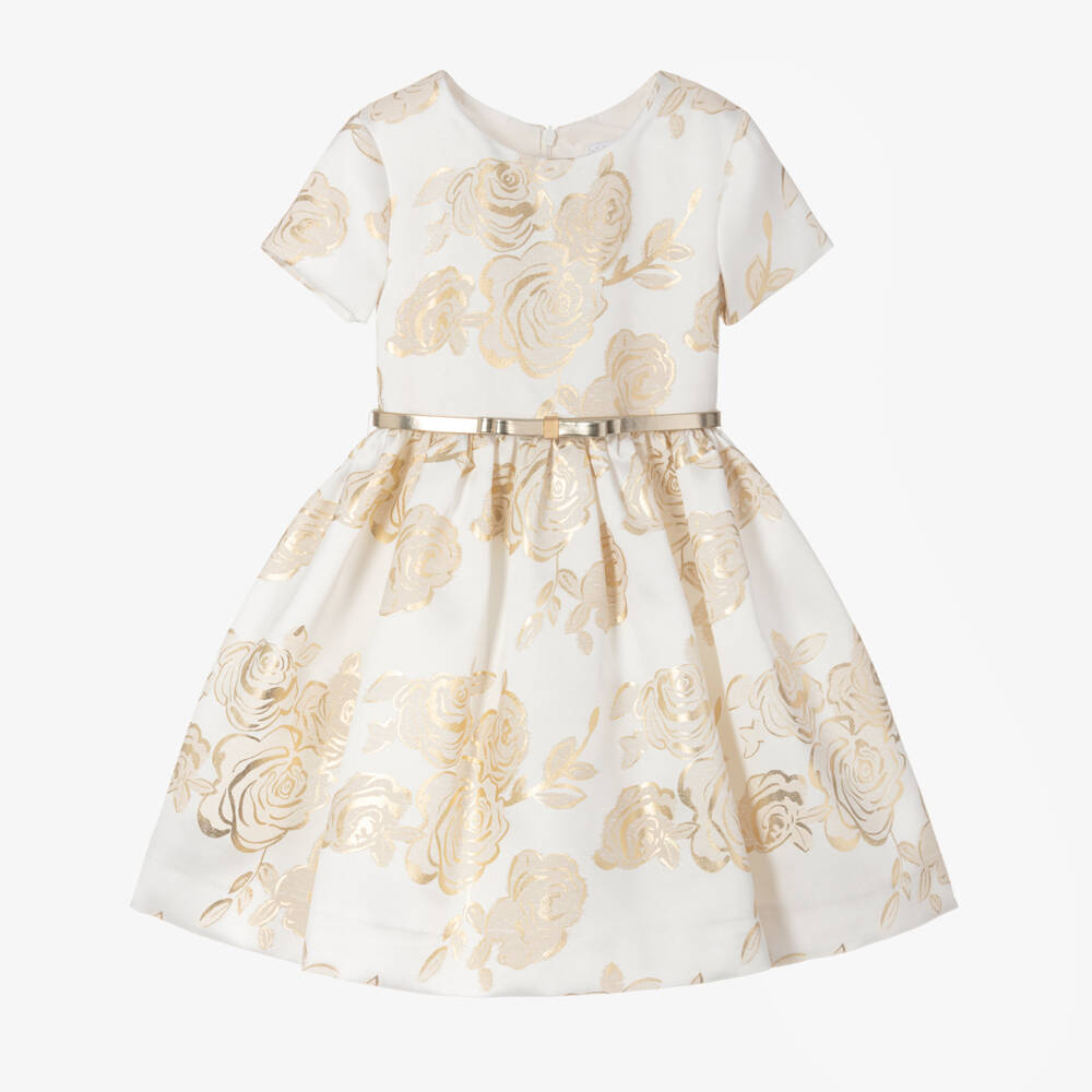 Monnalisa-Кремовое и золотое атласное платье для девочек | Childrensalon Outlet