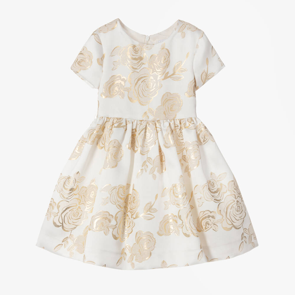 Monnalisa-فستان ساتان عاجي وذهبي للبنات | Childrensalon Outlet