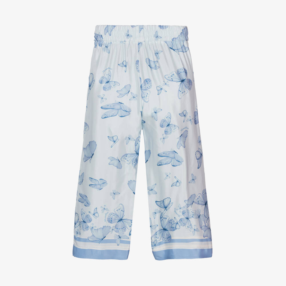 Monnalisa-Girls Satin Trousers with Blue Butterflies | Childrensalon Outlet