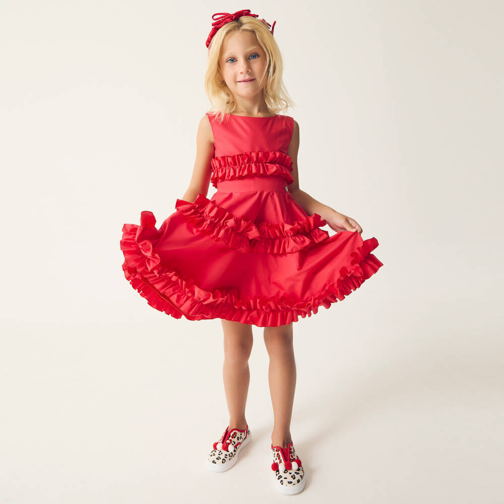Monnalisa-Girls Scarlet Cotton Ruffle Dress | Childrensalon Outlet