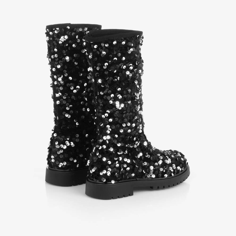 Monnalisa-Girls Sequined Black and Silver Boots | Childrensalon Outlet