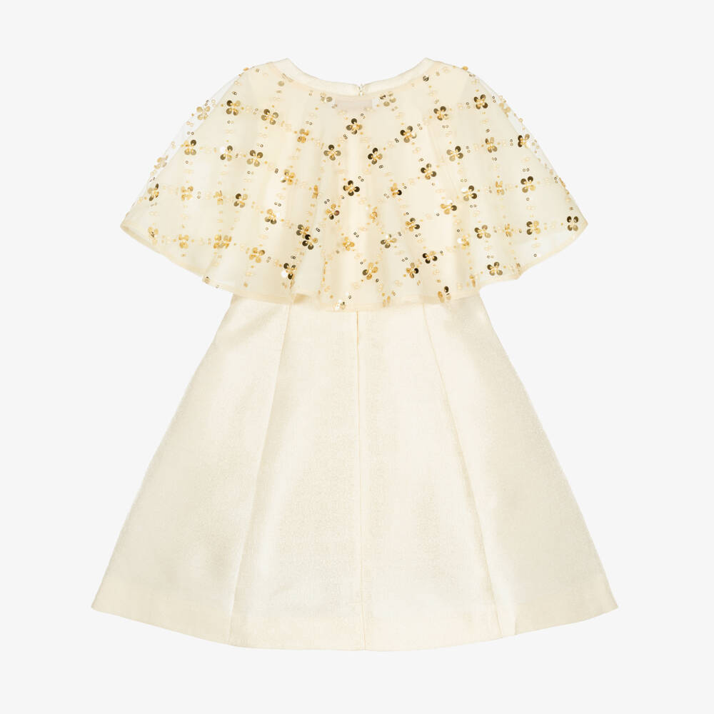Monnalisa-Girls Shimmering Gold Cape Overlay Dress | Childrensalon Outlet