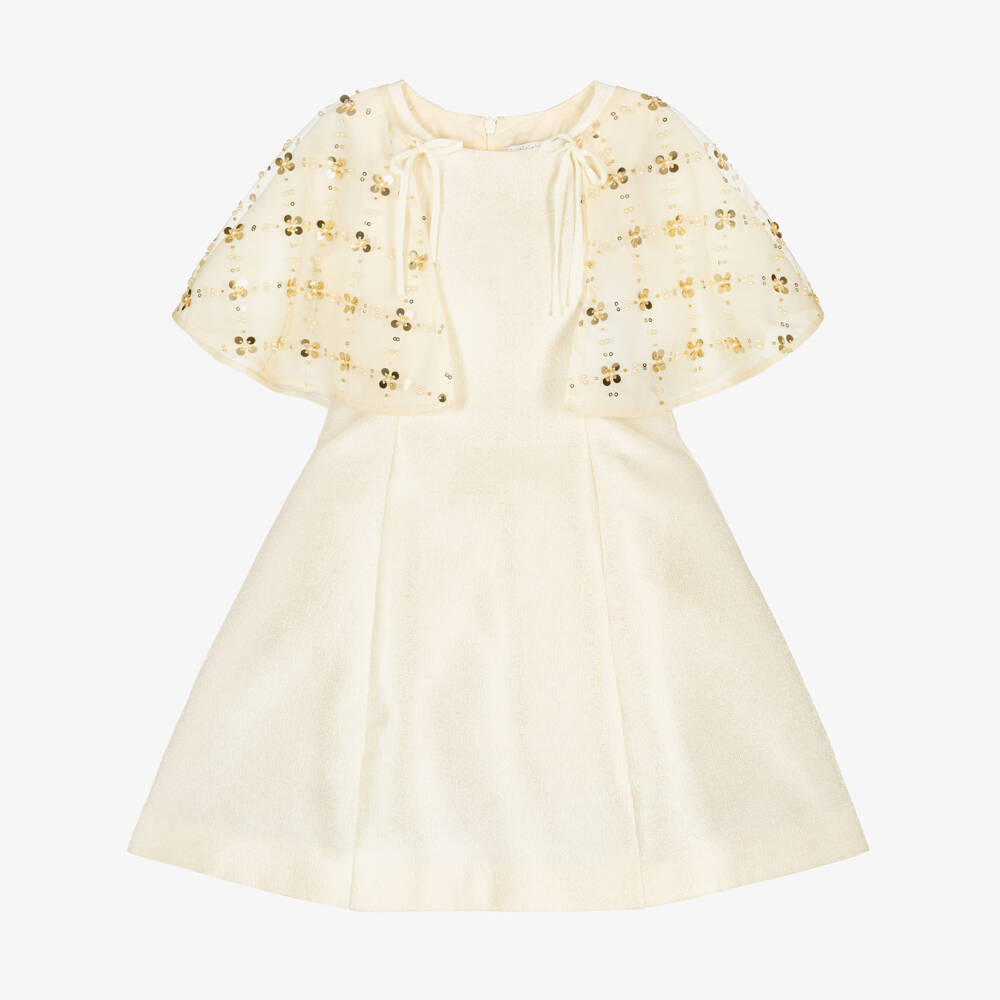 Monnalisa-Girls Shimmering Gold Cape Overlay Dress | Childrensalon Outlet