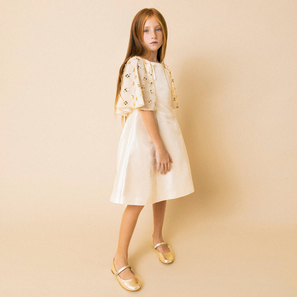 Monnalisa-Girls Shimmering Gold Cape Overlay Dress | Childrensalon Outlet