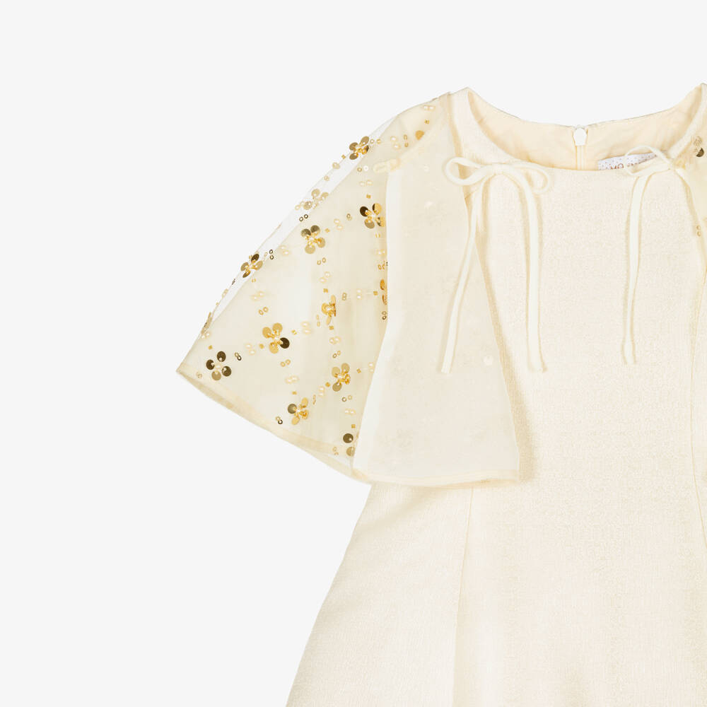 Monnalisa-Girls Shimmering Gold Cape Overlay Dress | Childrensalon Outlet