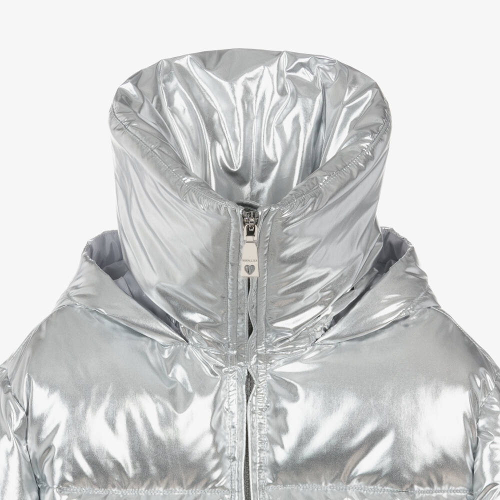 Monnalisa-Серебристая пуховая куртка металлик для девочек | Childrensalon Outlet