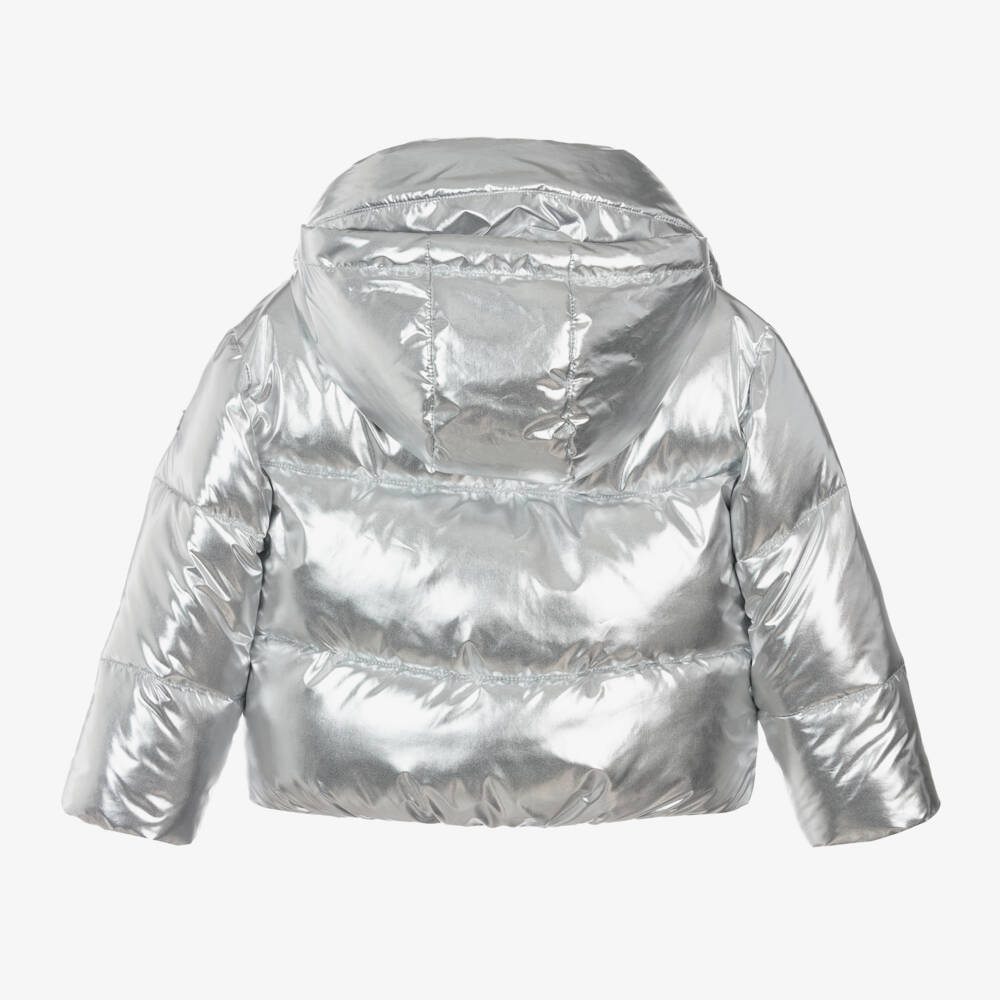 Monnalisa-Серебристая пуховая куртка металлик для девочек | Childrensalon Outlet