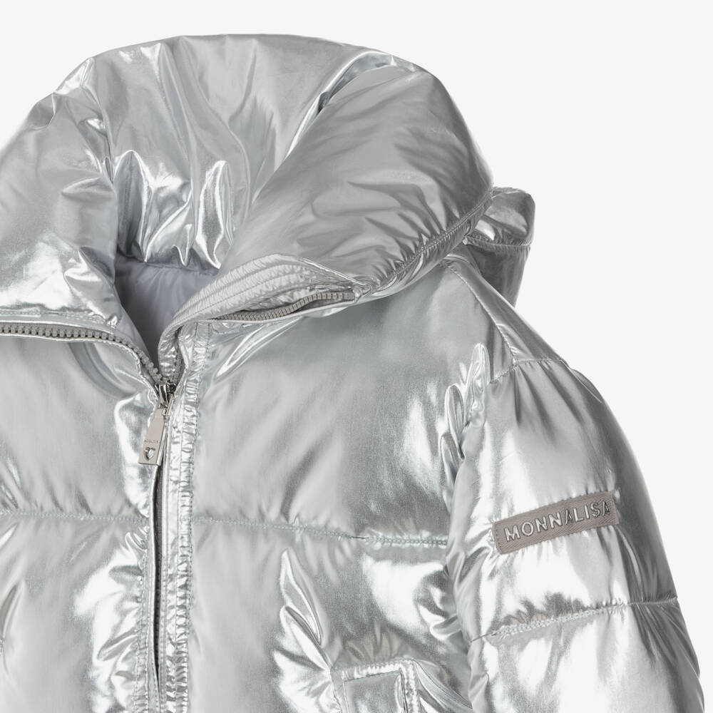 Monnalisa-Серебристая пуховая куртка металлик для девочек | Childrensalon Outlet
