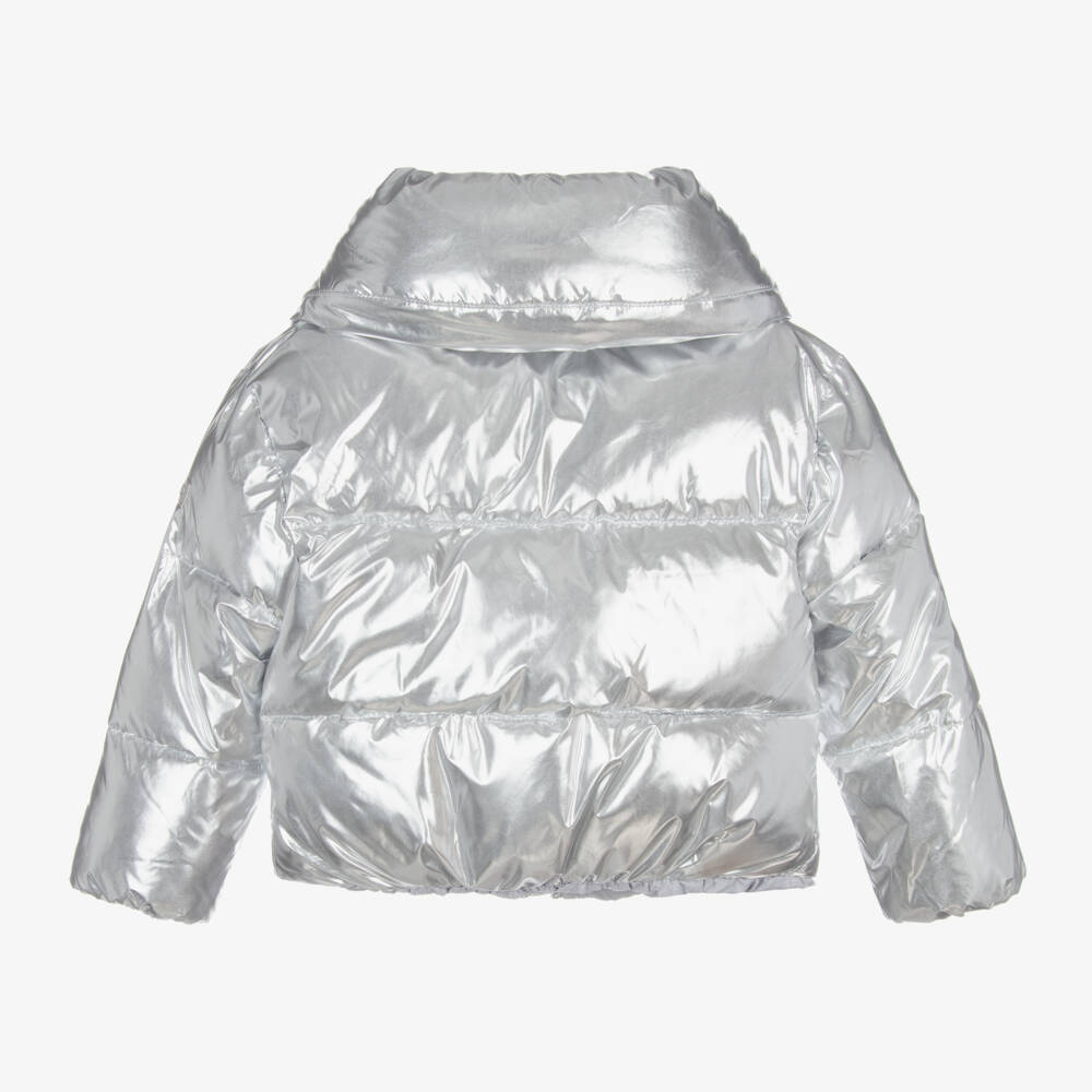 Monnalisa-Серебристая пуховая куртка металлик для девочек | Childrensalon Outlet