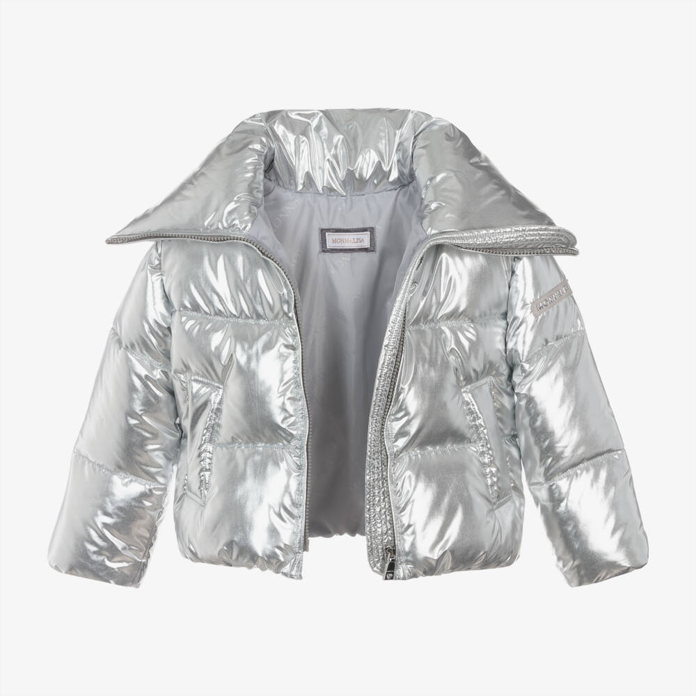 Monnalisa-Серебристая пуховая куртка металлик для девочек | Childrensalon Outlet