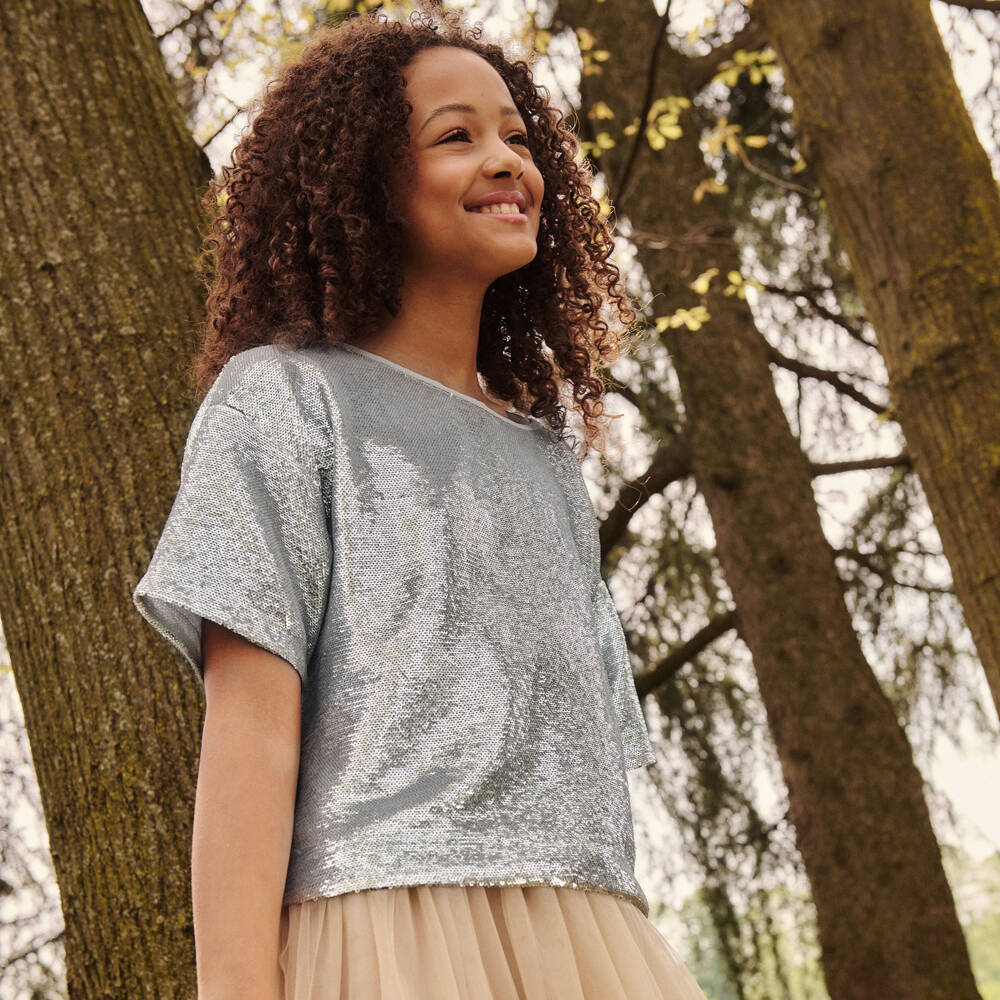 Monnalisa-Серебристый топ с пайетками для девочек | Childrensalon Outlet